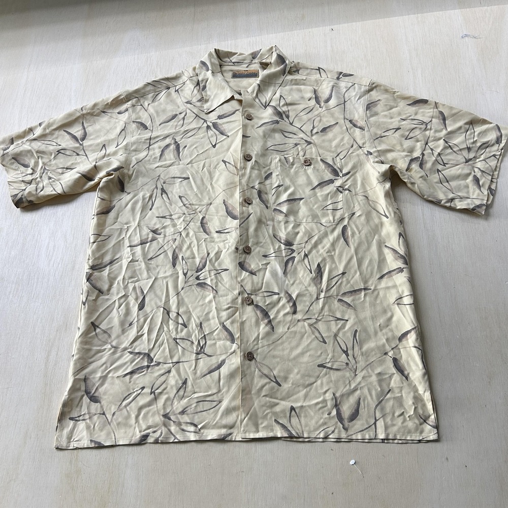 Bobby Chan Shirt Mens Large Beige Floral Short Sleeve Silk Button Up Casual